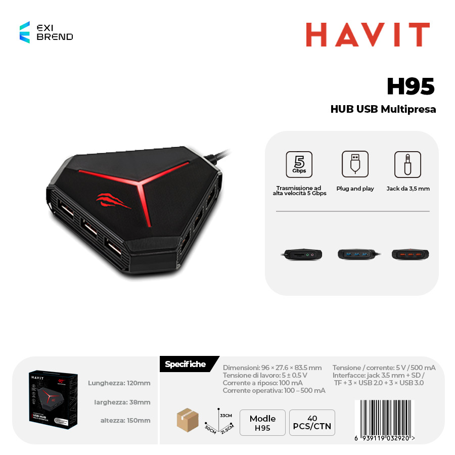 HAVIT H95 Hub USB Multipresa 3xusb2,0 3xusb 3,0 TF / SD AUX
