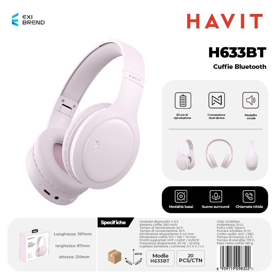 HAVIT H633BT-PK Cuffie Bluetooth Multimodale Rosa