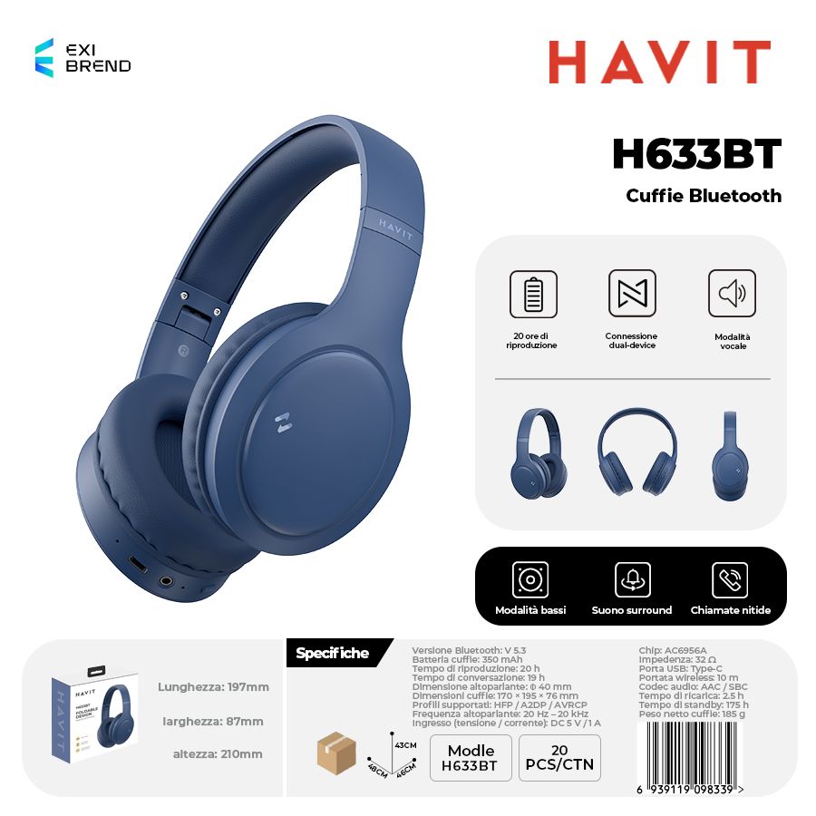 HAVIT H633BT-BL Cuffie Bluetooth Multimodale Blu