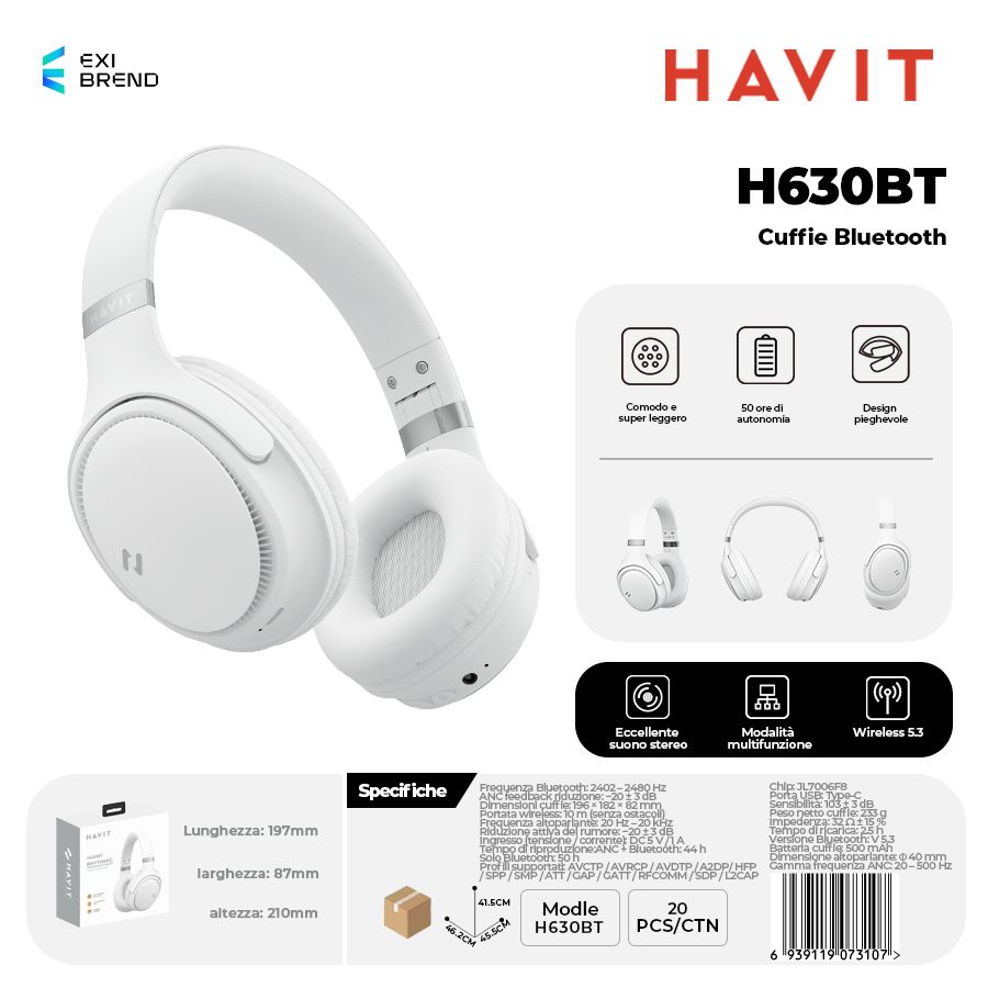 HAVIT H630BT-WH Cuffie Bluetooth Pieghevole Altoparlante 40 mm 500 mAh