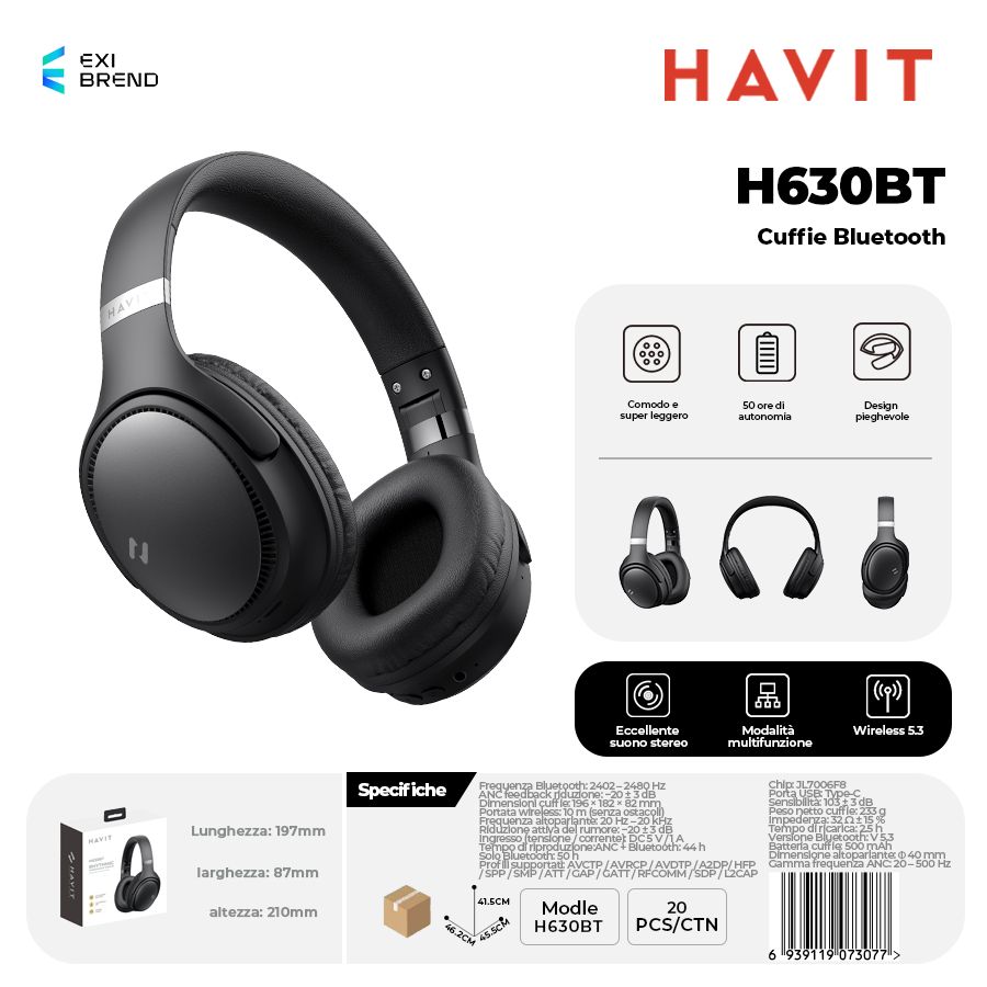 HAVIT H630BT-BK Cuffie Bluetooth Pieghevole Altoparlante 40 mm 500 mAh