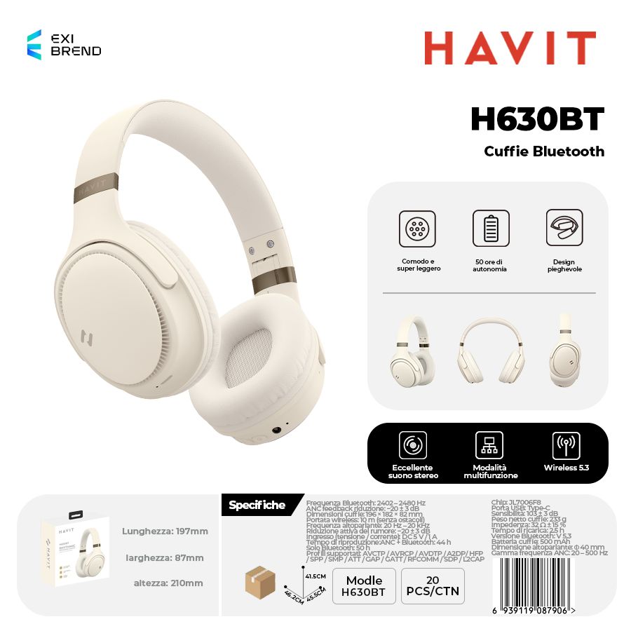HAVIT H630BT-BE Cuffie Bluetooth Pieghevole Altoparlante 40 mm 500 mAh