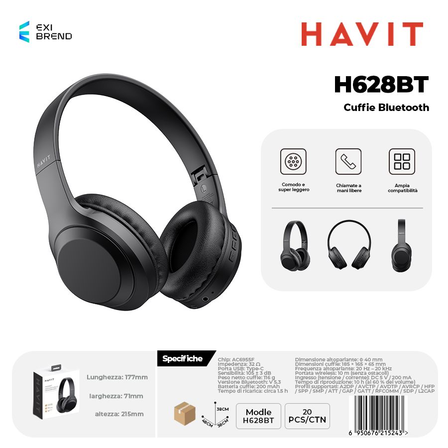 HAVIT H628BT-BK Cuffie Bluetooth Multimodale Super Leggero