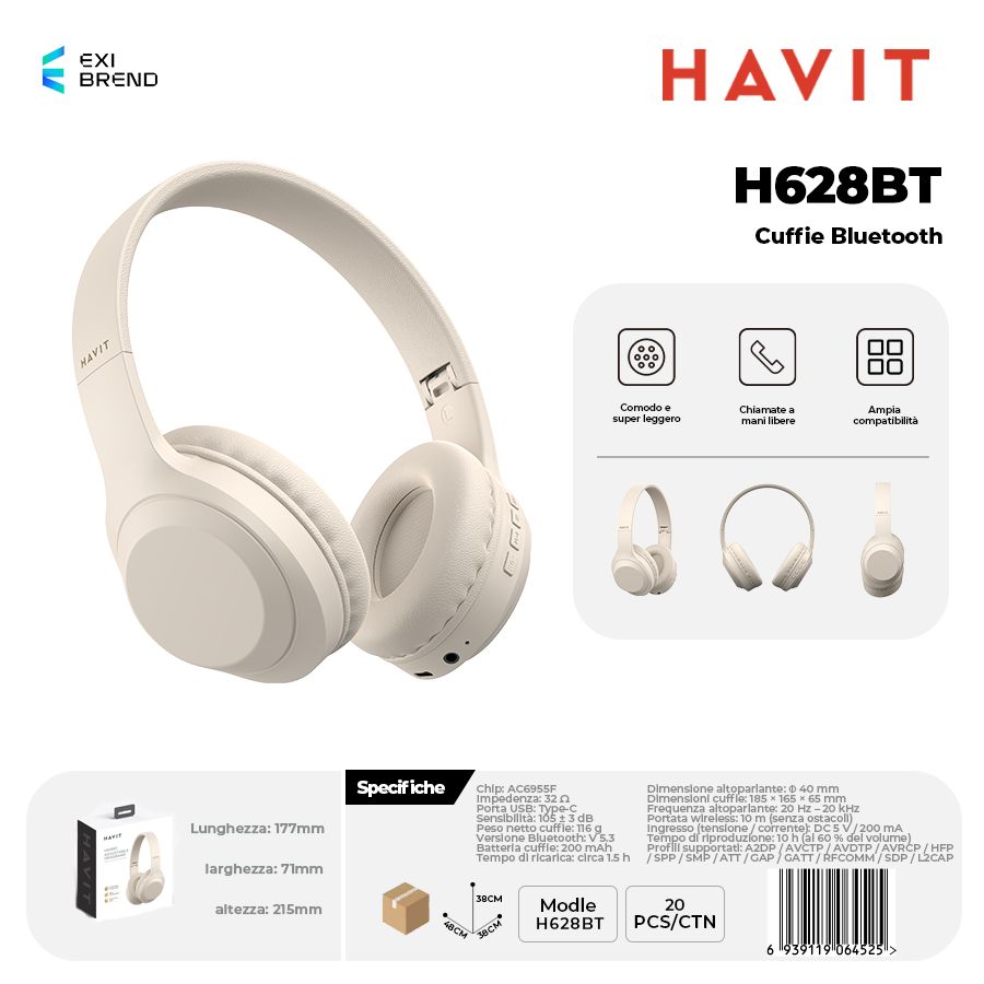 HAVIT H628BT-BE Cuffie Bluetooth Multimodale Super Leggero