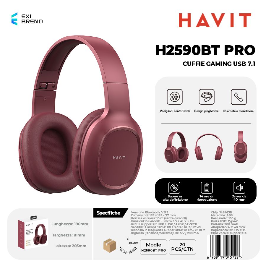 HAVIT H2590BT PRO-RD Cuffie Bluetooth Multifunzione Microsd-FM-AUX 200 mAh Rosso