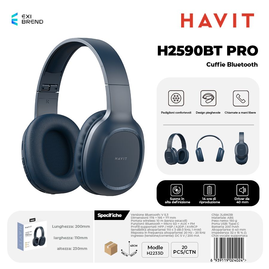 HAVIT H2590BT PRO-BL Cuffie Bluetooth Multifunzione Microsd-FM-AUX 200 mAh Blu