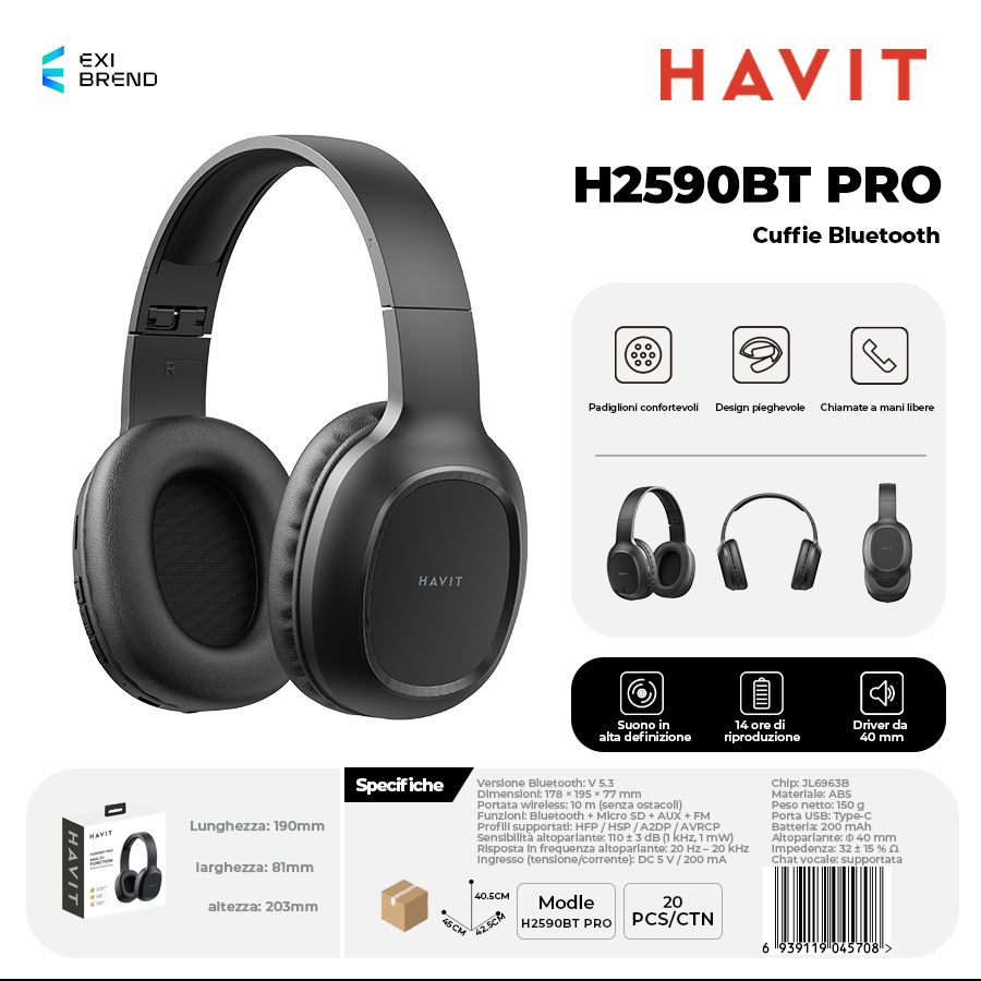HAVIT H2590BT PRO-BK Cuffie Bluetooth Multifunzione Microsd-FM-AUX 200 mAh Nero