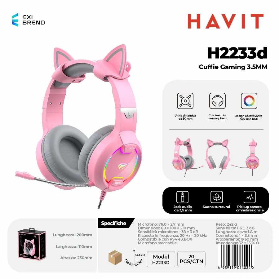 HAVIT H2233d Cuffie Gaming Altoparlante da 50 mm con RGB e Controllo Volume