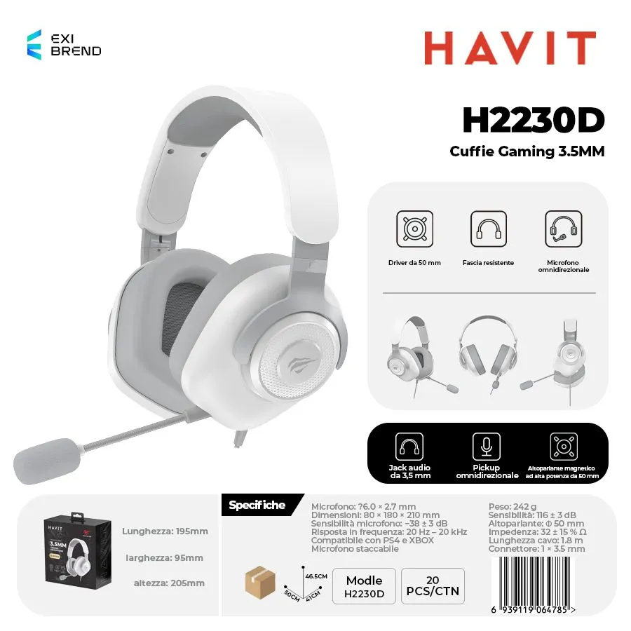 HAVIT H2230d-WH Cuffie Gaming Altoparlante da 50 mm con Pulsante Muto e Controllo Volume