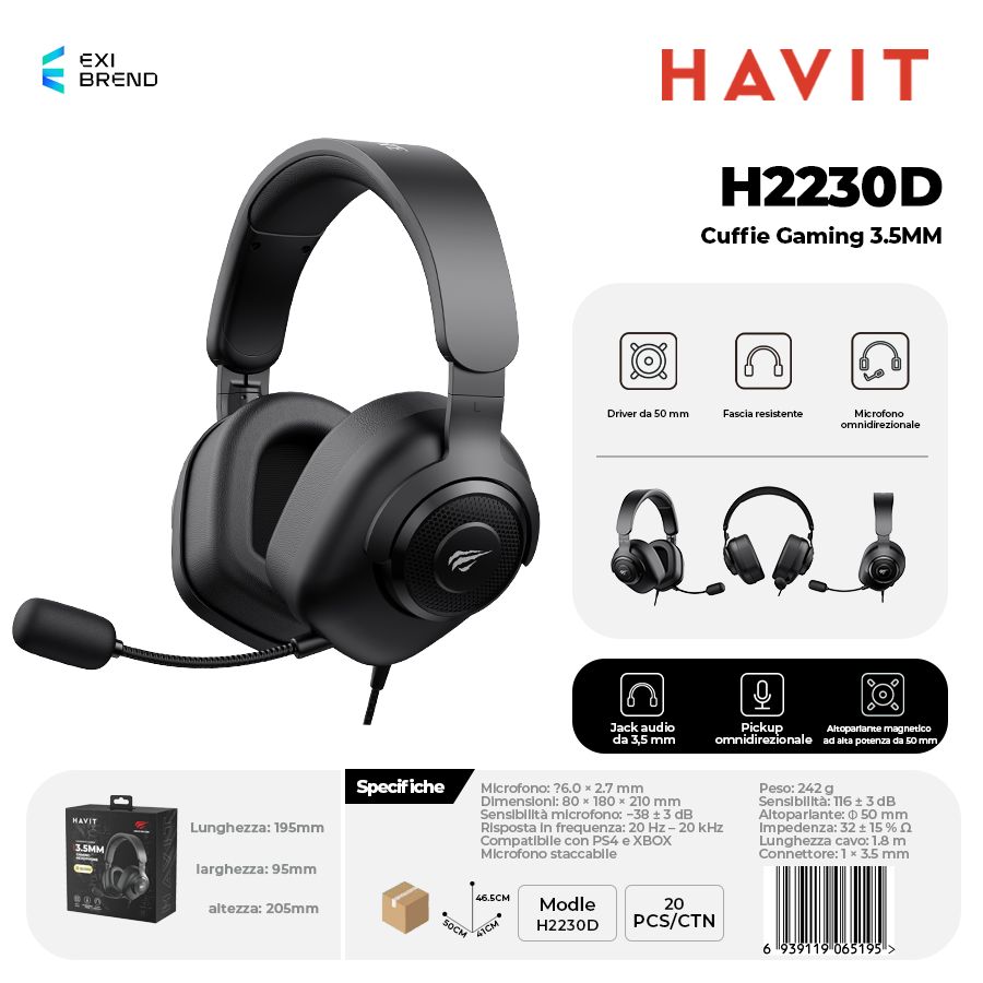 HAVIT H2230D-BK Cuffie Gaming Altoparlante da 50 mm con Pulsante Muto e Controllo Volume
