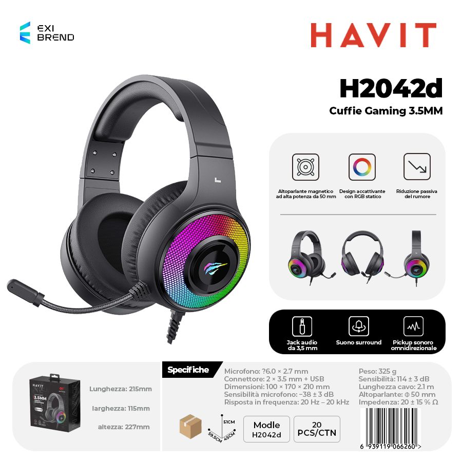 HAVIT H2042d Cuffie Gaming Altoparlante da 50 mm con RGB e Controllo Volume