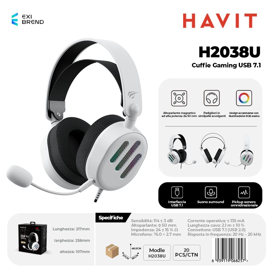 HAVIT H2038U-WH Cuffie Gaming Altoparlante da 50 mm con RGB Pieghevole a 90°