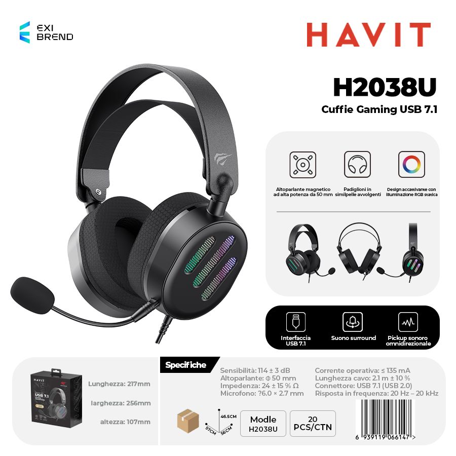 HAVIT H2038U-BK Cuffie Gaming Altoparlante da 50 mm con RGB Pieghevole a 90°