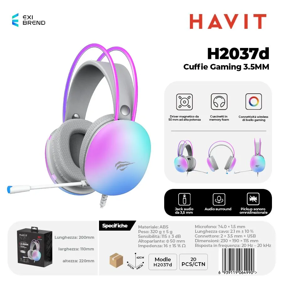 HAVIT H2037d Cuffie Gaming Altoparlante da 50 mm con Attacco 3,5 mm Guscio Luce Trasmitte
