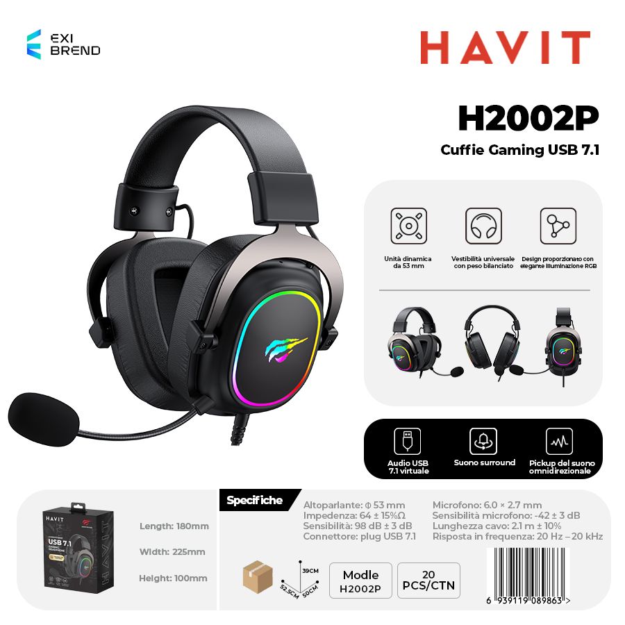 HAVIT H2002P Cuffie Gaming Altoparlante da 53 mm con Attacco 3,5 mm Sound 7,1