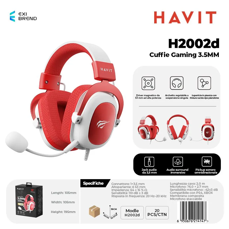HAVIT H2002d-WR Cuffie Gaming Altoparlante da 53 mm con Attacco 3,5 mm