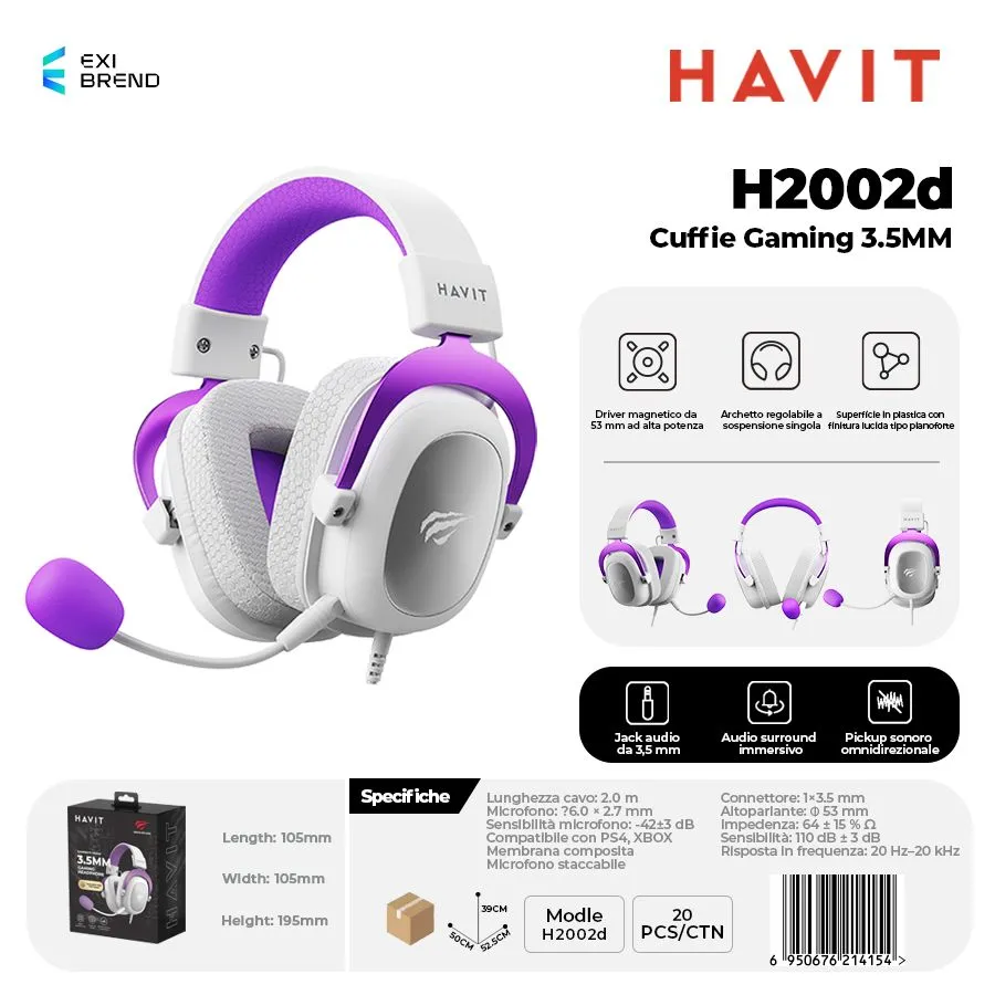 HAVIT H2002d-WP Cuffie Gaming Altoparlante da 53 mm con Attacco 3,5 mm