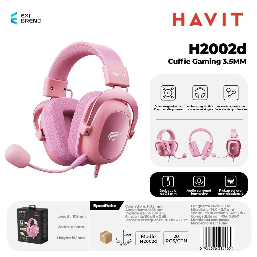 HAVIT H2002d-PK Cuffie Gaming Altoparlante da 53 mm con Attacco 3,5 mm