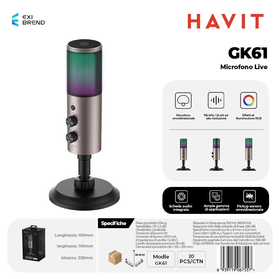 [GK61] HAVIT GK61 Microfono Live Qualita HIFI con Riduzione Rumore e RGB