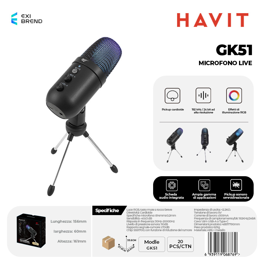 [GK51] HAVIT GK51 Microfono Live con RGB e Riduzione Rumore