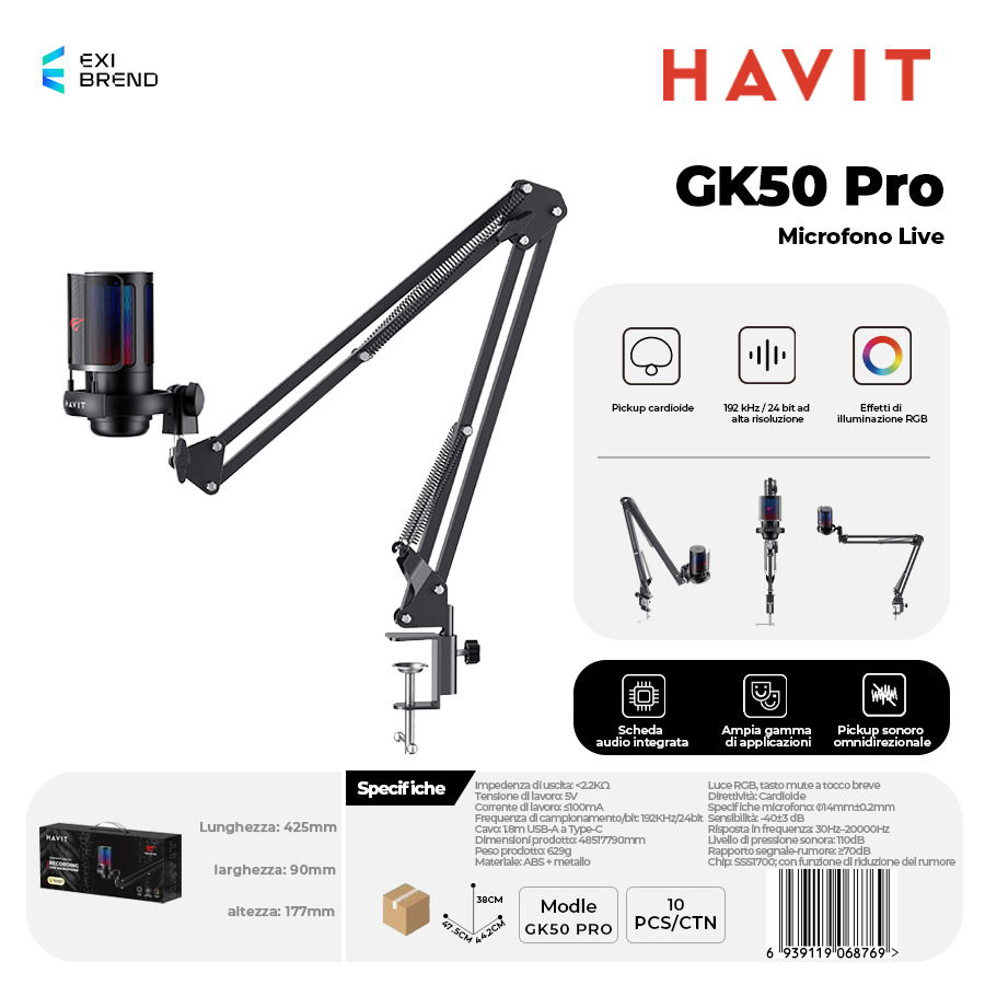 [GK50 Pro] HAVIT GK50 Pro Microfono Live con RGB e Riduzione Rumore