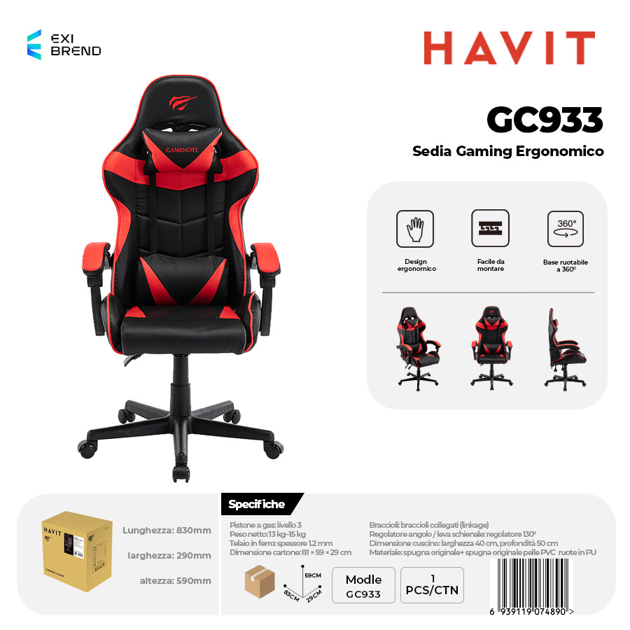 HAVIT GC933-rd Sedia Gaming Nero + Rosso