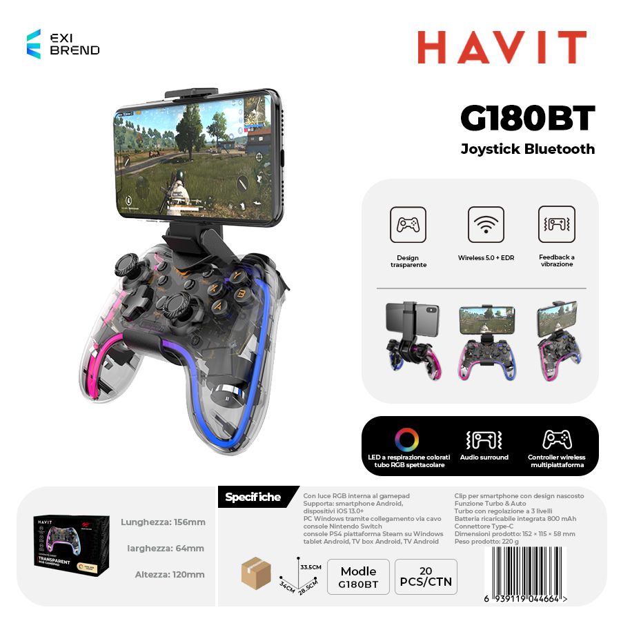 [G180BT] HAVIT G180BT Controller Trasparente Bluetooth con RGB e Vibrazione