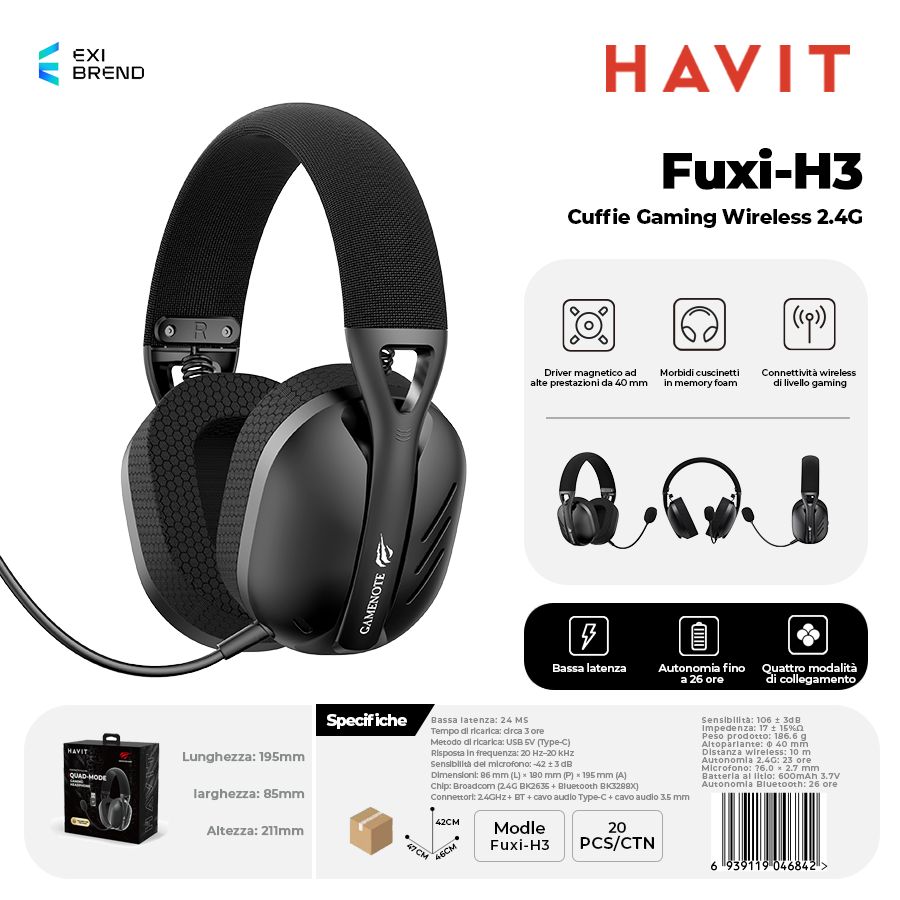 HAVIT Fuxi-H3-BK Cuffie Gaming Wireless 2,4g Ultra Leggero e Flessibile