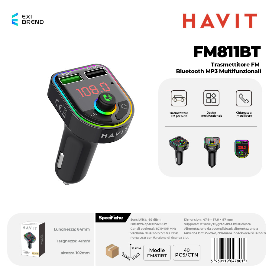 HAVIT FM811BT Trasmettitore FM Bluetooth MP3 Multifunzione Ultra Compatta