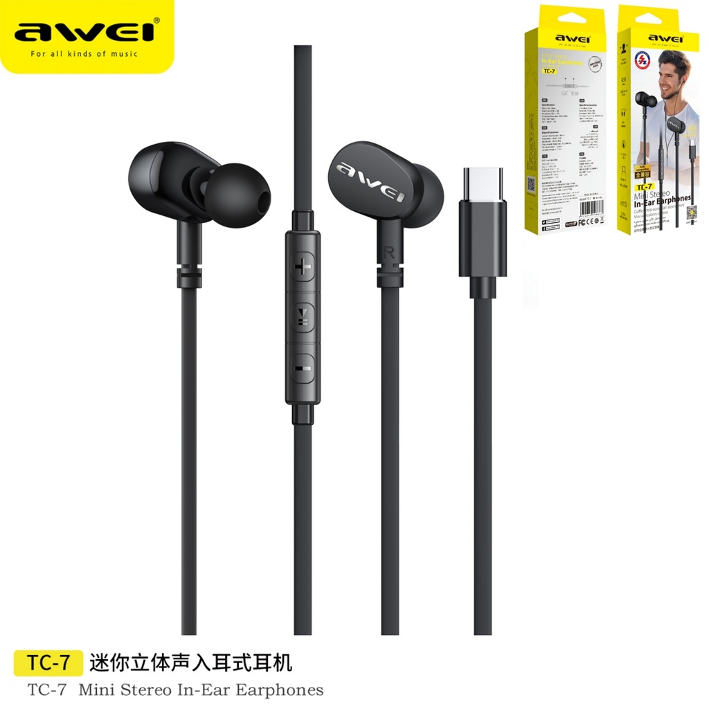 AWEI TC-7 Auricolari Cablati In-Ear Type-C Stereo per Smartphone