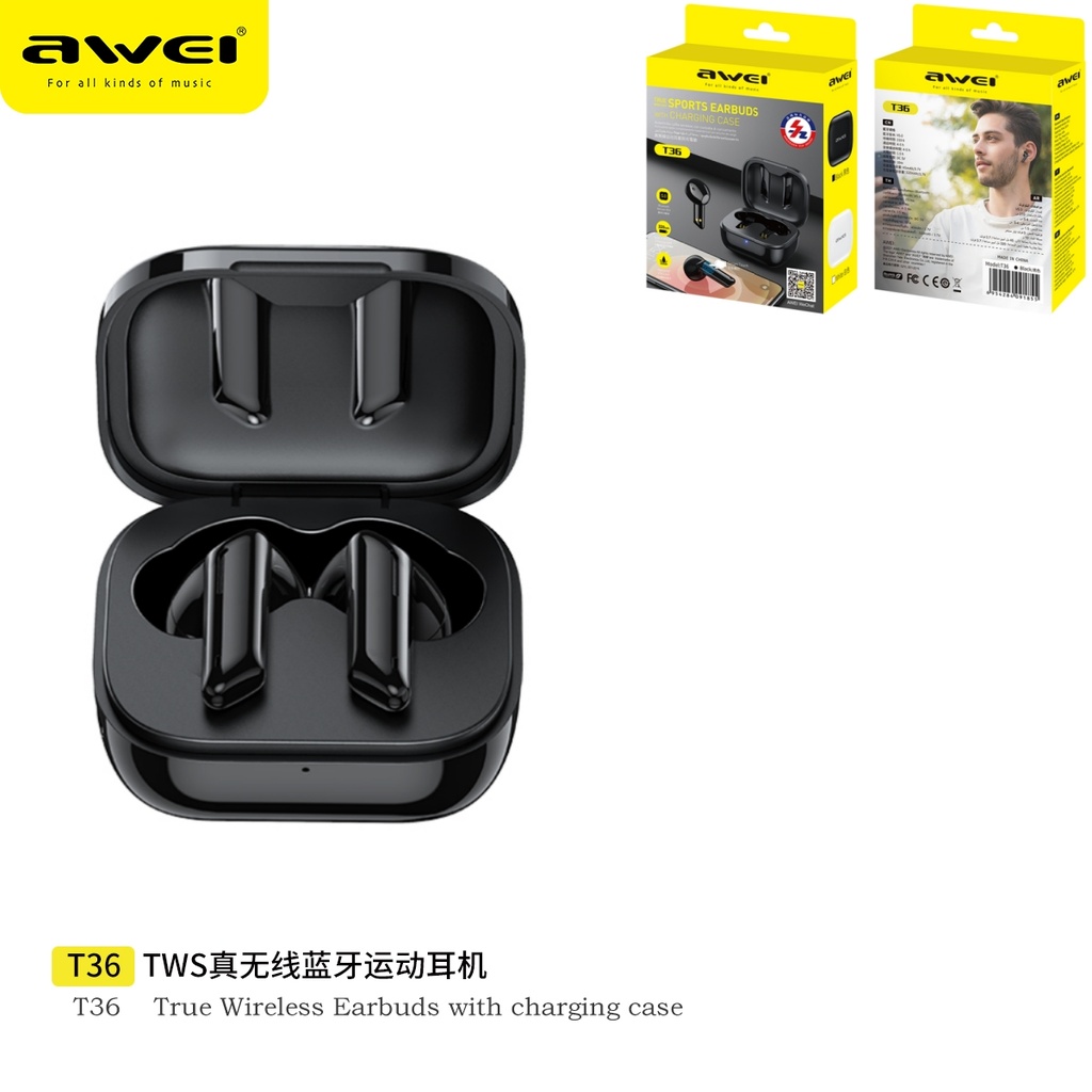 AWEI T36 Cuffie Bluetooth Touch Screen Impermeabili Nere