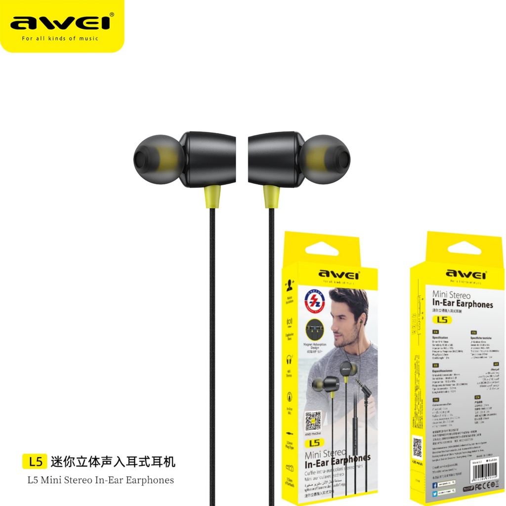 AWEI L5 Auricolari Cablati Nero Magnetico