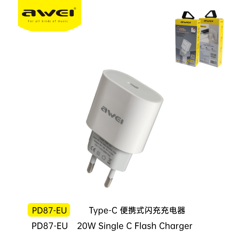 AWEI PD87-EU 20W Caricatore Auto con Ingresso Type-C