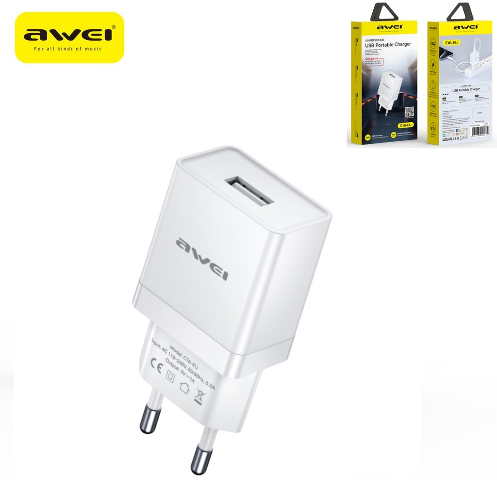 [C16-EU+PD39] AWEI C16-EU 5W Caricatore Auto con Ingresso USB