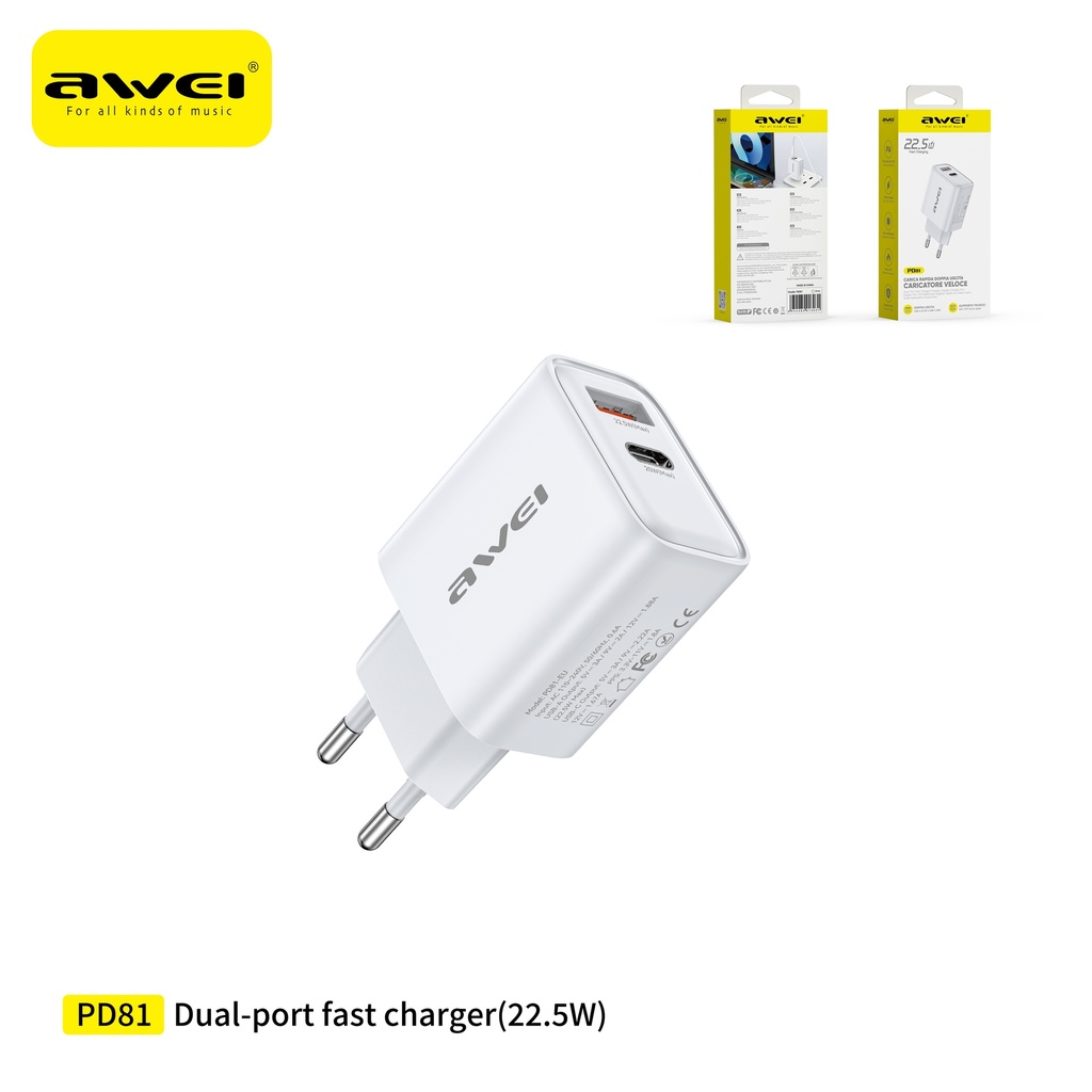 AWEI PD81-EUWH Caricatore USB + Type-C con Ricarica Rapida 22,5W Bianco