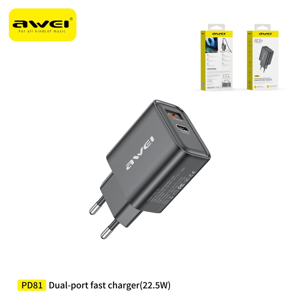 AWEI PD81-EUBK Caricatore USB + Type-C con Ricarica Rapida 22,5W Nero