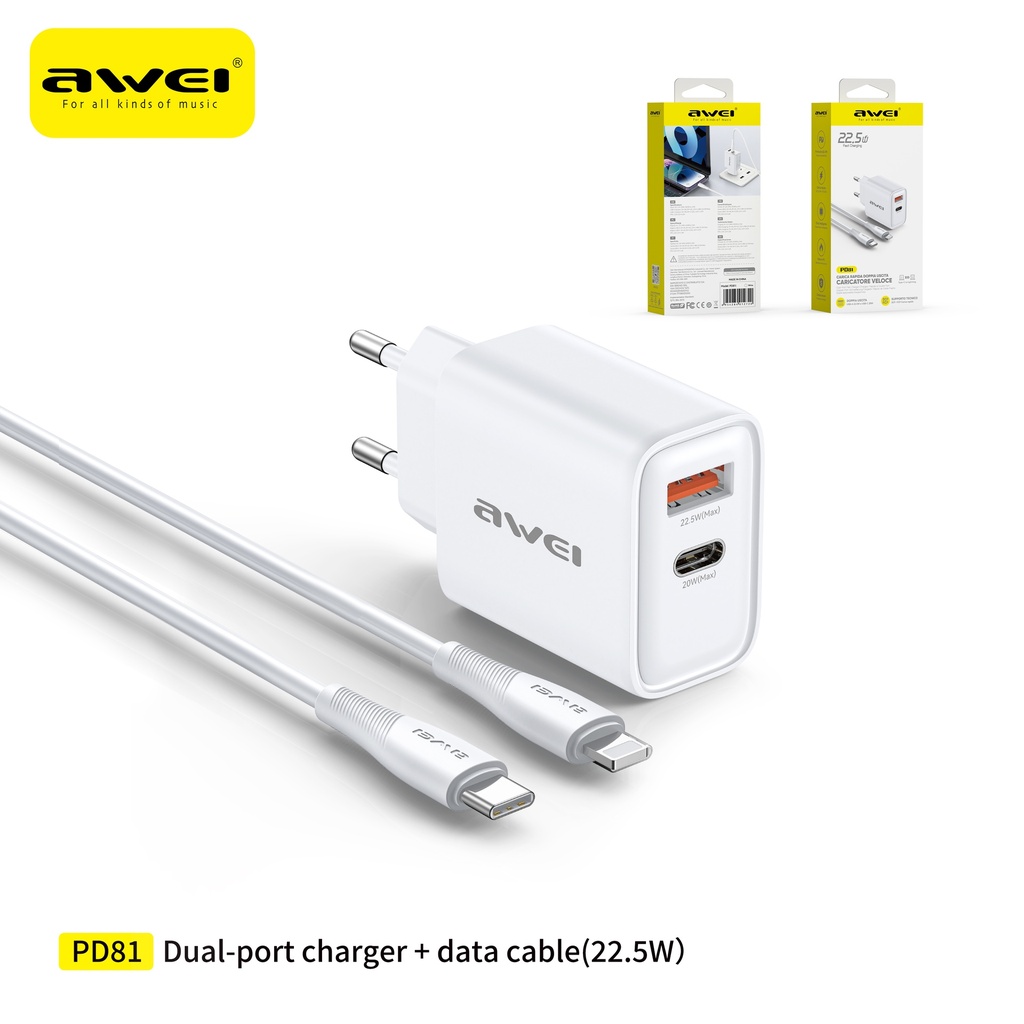 AWEI PD81i-EUWH Set Caricatore 22,5W USB + Type-C con Cavo C-L Bianco