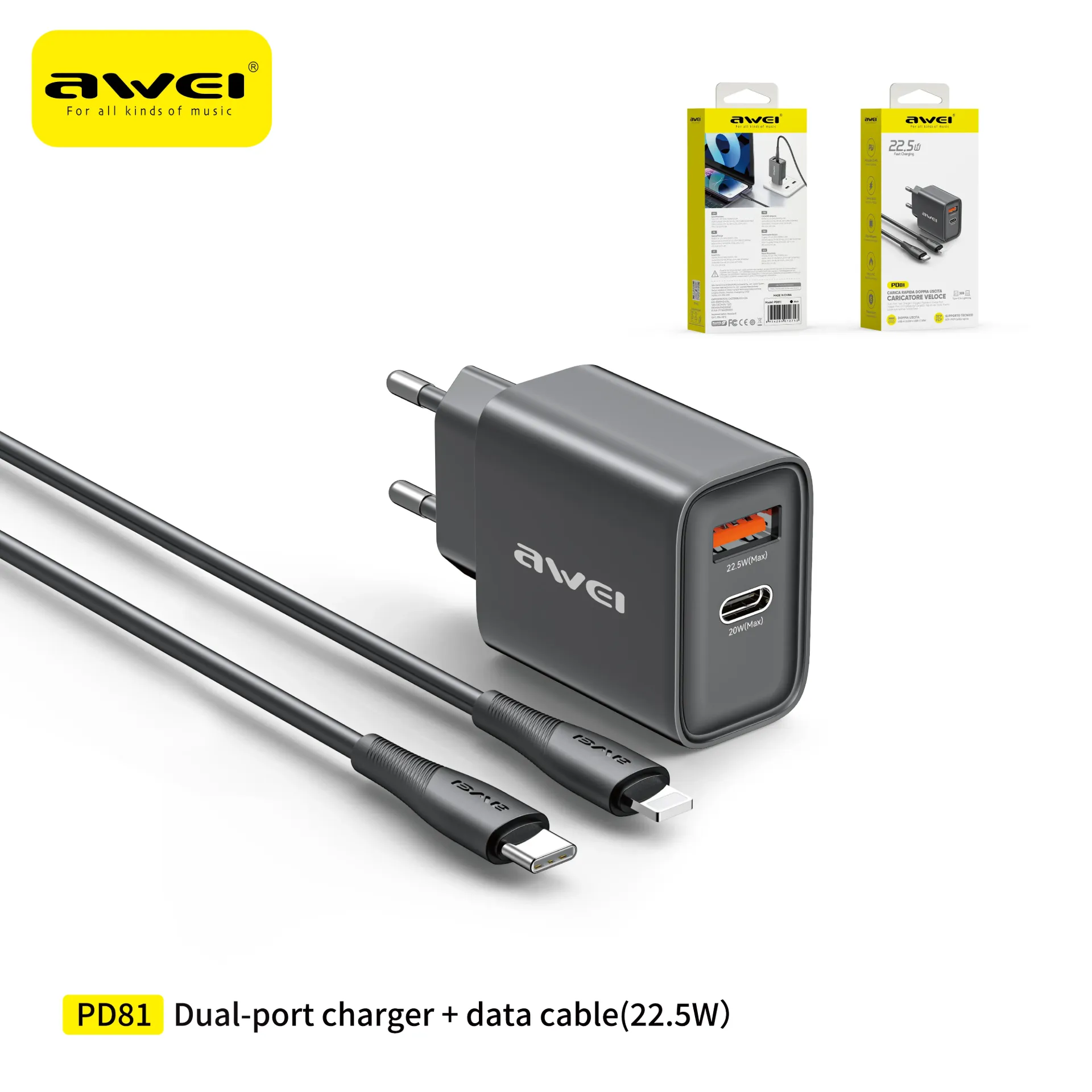 AWEI PD81I-EUBK Set Caricatore 22,5W USB + Type-C con Cavo C-L Nero
