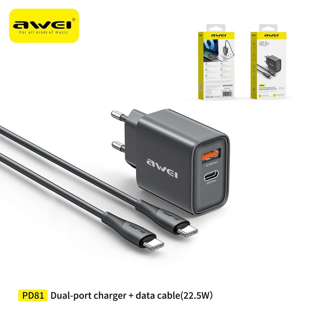 AWEI PD81C-EUBK Set Caricatore 22,5W USB + Type-C con Cavo C-C Nero