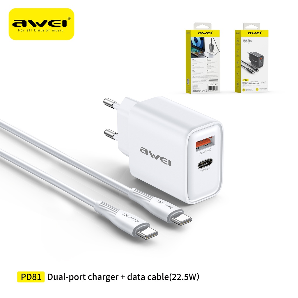 AWEI PD81C-EUWH Set Caricatore 22,5W USB + Type-C con Cavo C-C Bianco
