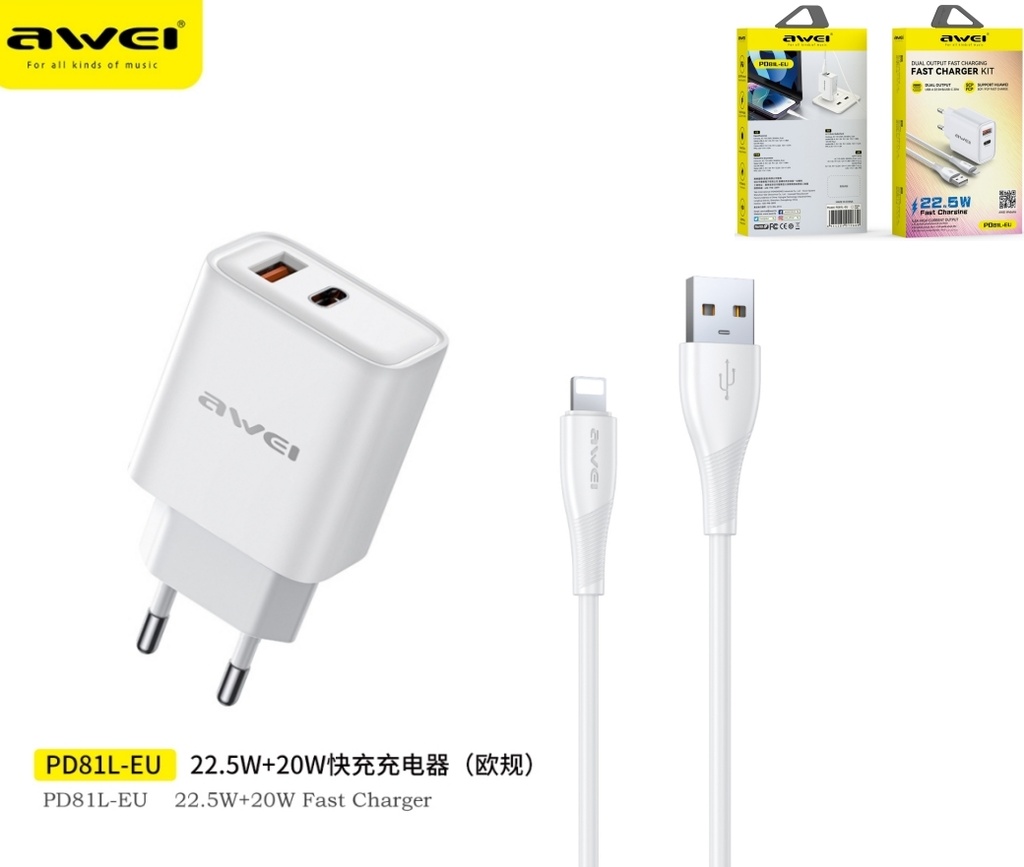 AWEI PD81L-EUWH Set Caricatore 22,5W USB + Type-C con Cavo U-L Bianco