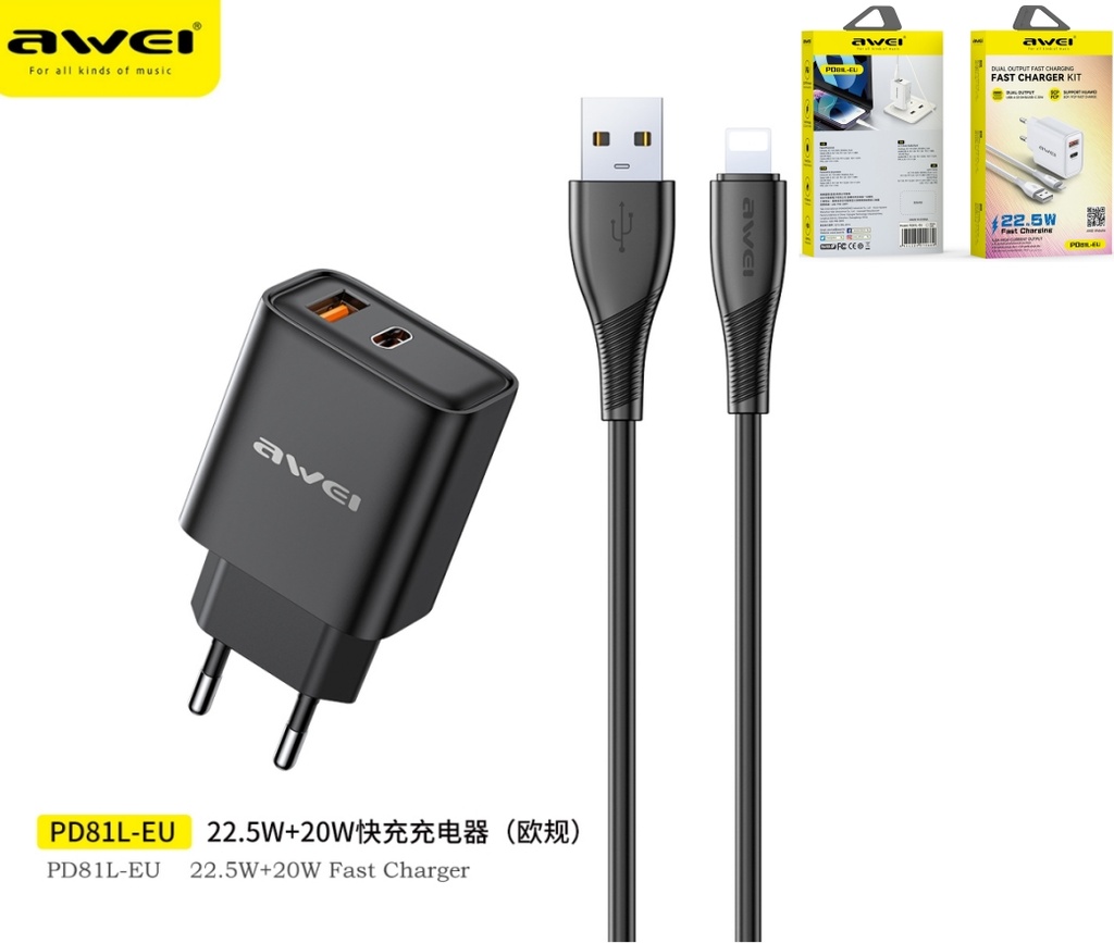 AWEI PD81L-EUBK Set Caricatore 22,5W USB + Type-C con Cavo U-L Nero