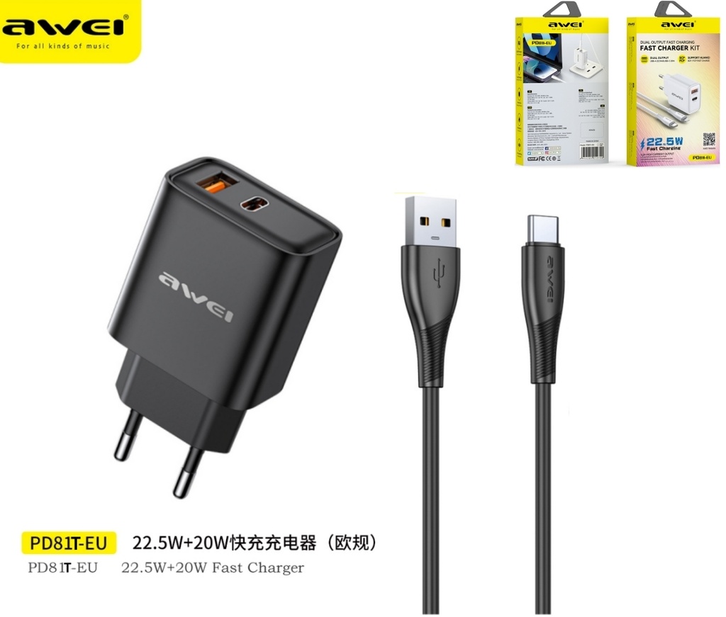 AWEI PD81T-EUBK Set Caricatore 22,5W USB + Type-C con Cavo U-C Nero