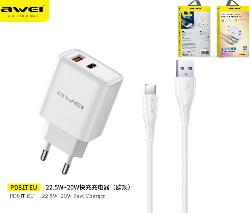 AWEI PD81T-EUWH Set Caricatore 22,5W USB + Type-C con Cavo U-C Bianco