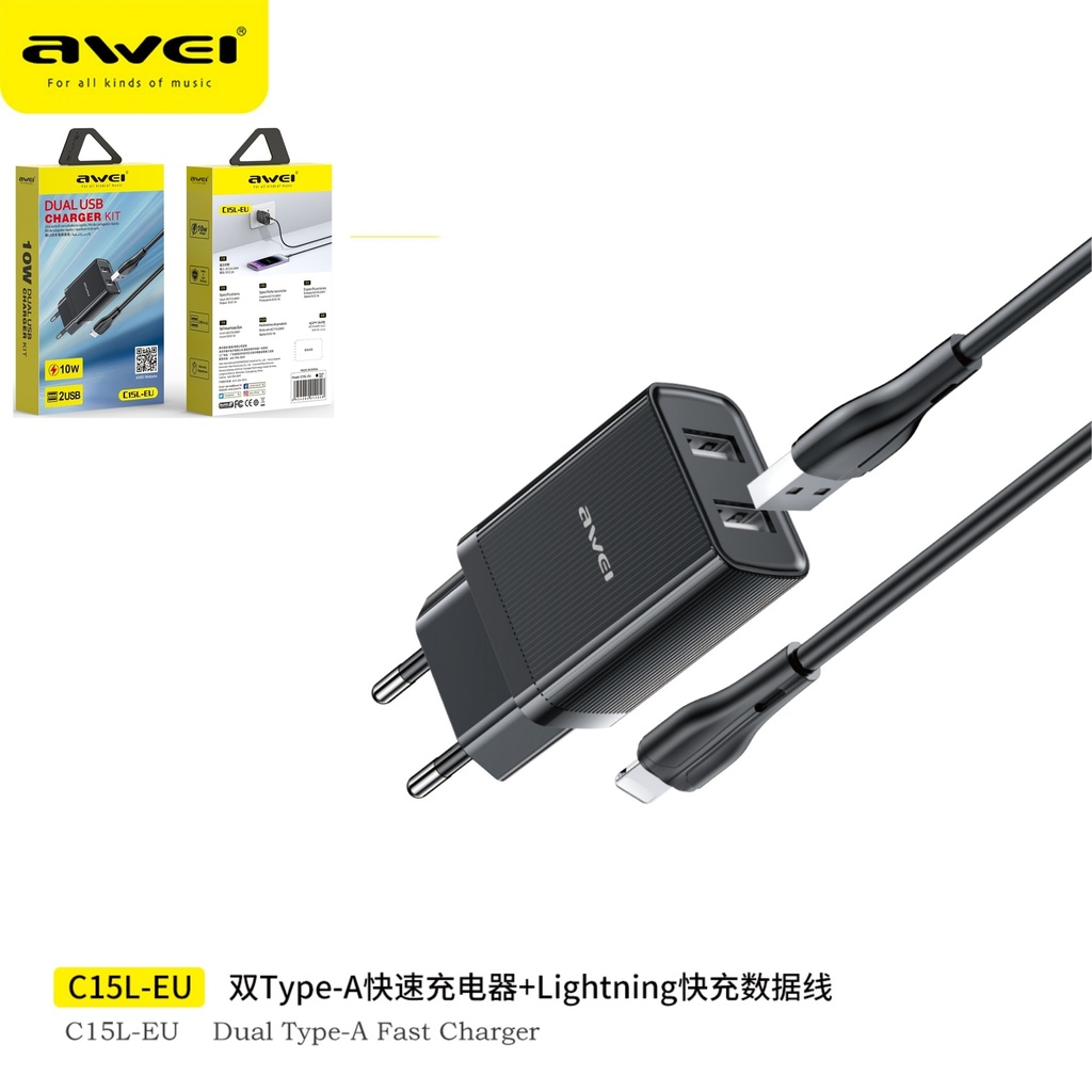 AWEI C15L-EUBK Set Caricabetteria con Doppia Uscita Cavo Lightning Nero