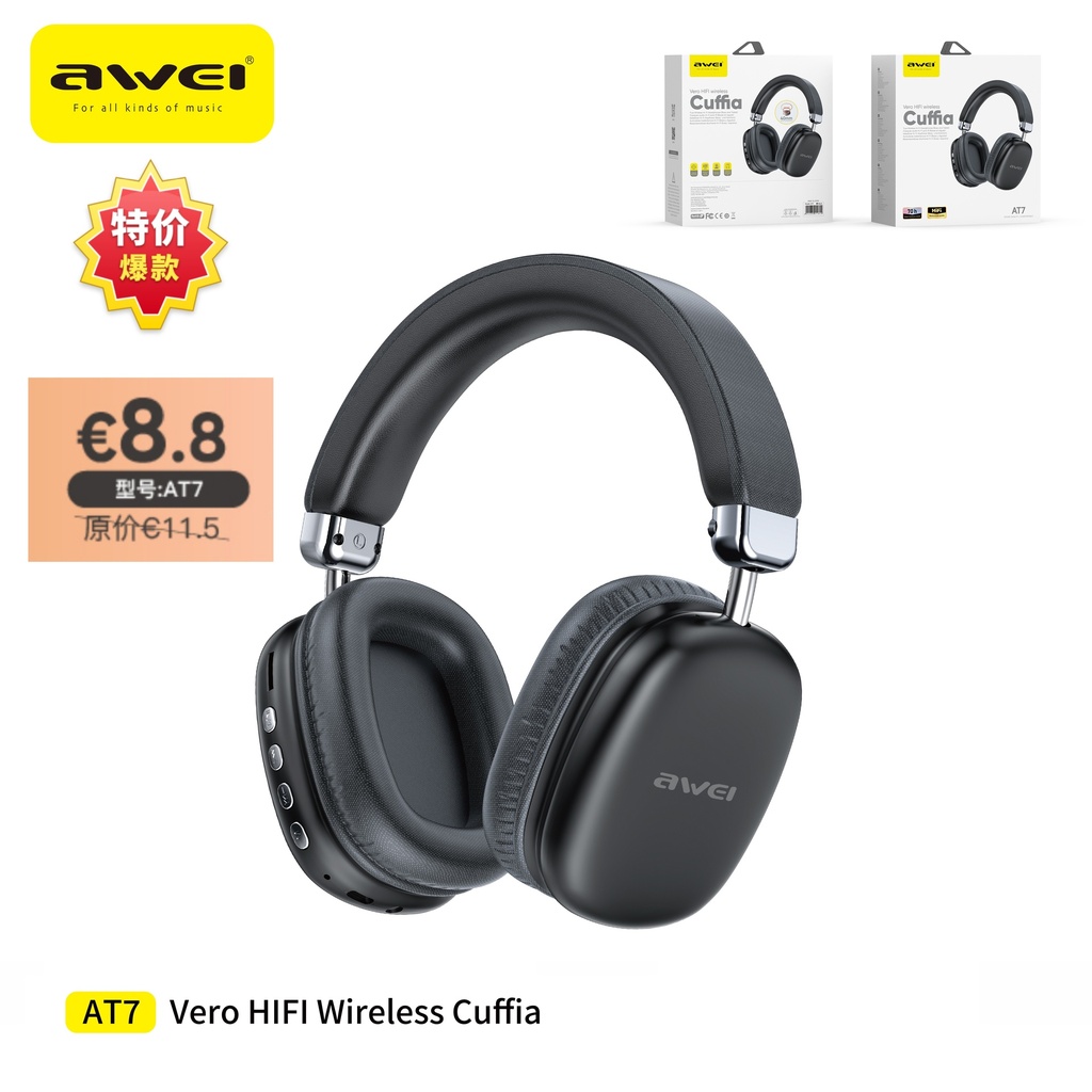 AWEI AT7-BK Cuffie Wireless Nero
