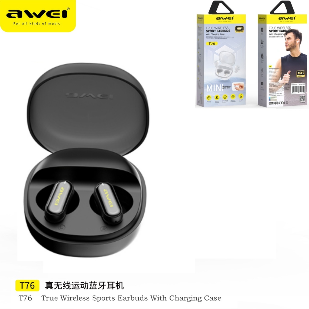 AWEI T76-BK Auricolari Sportivo True Wireless Nero