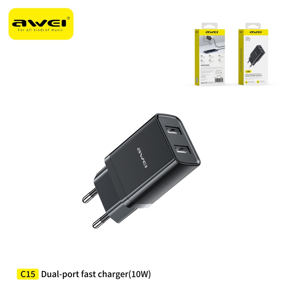 AWEI C15-EUBK Caricatore con Doppio Uscita USB Nera 10W