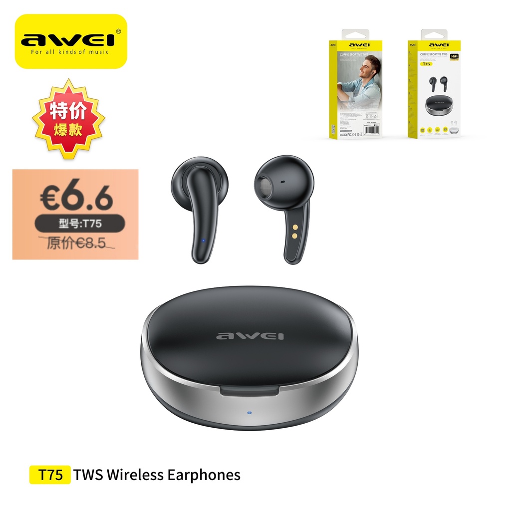 [T75BK] AWEI T75BK T75 True Wireless Sport Auricolari Nero