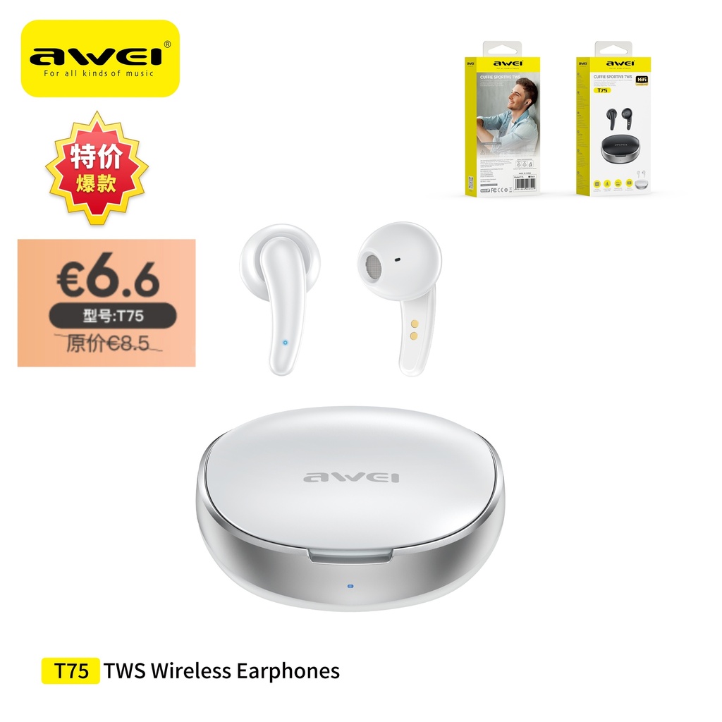 [T75WH] AWEI T75WH T75 True Wireless Sport Auricolari Bianco